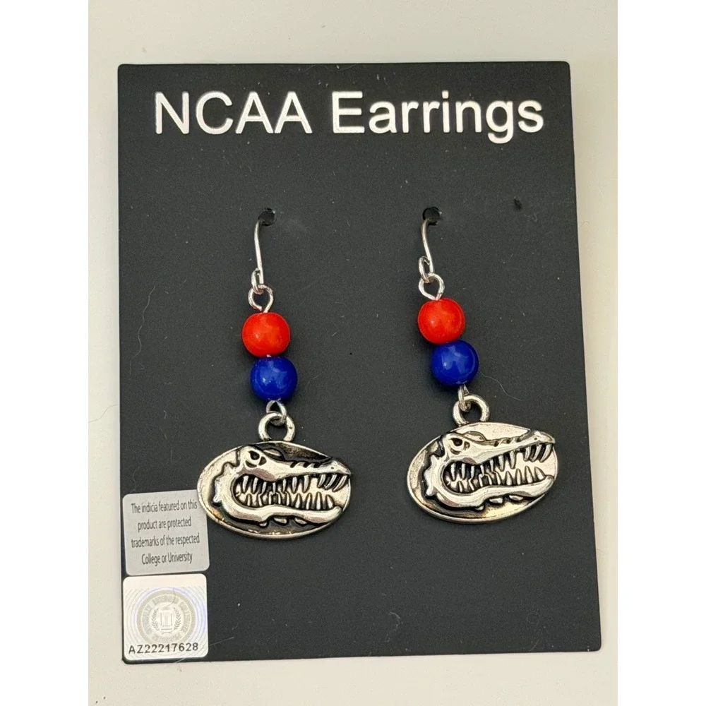 NCAA Florida Gators Dangle‎ Earrings Orange Blue Beads Silver Tone Logo UF Fan